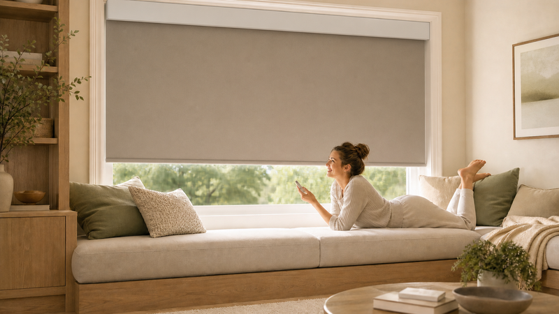 ANJIAR motorized blackout roller shade operated by remote in a modern window seat