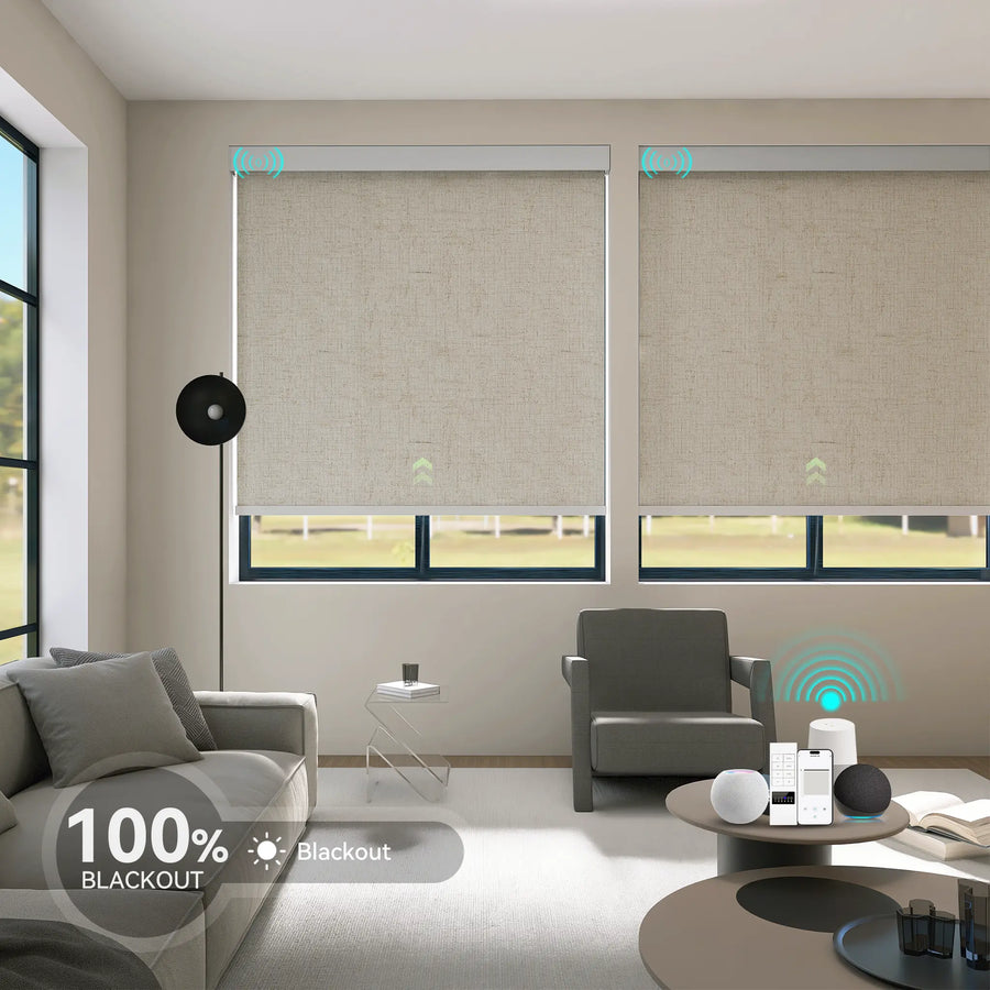 Motorized roller shades in a modern room