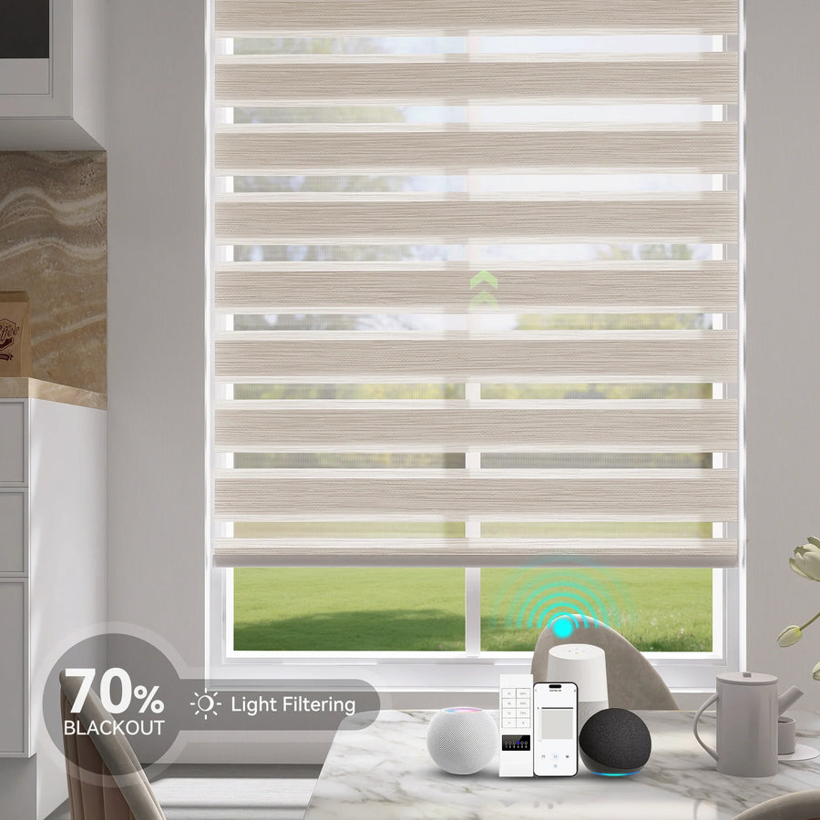 Motorized zebra shades in a bright room