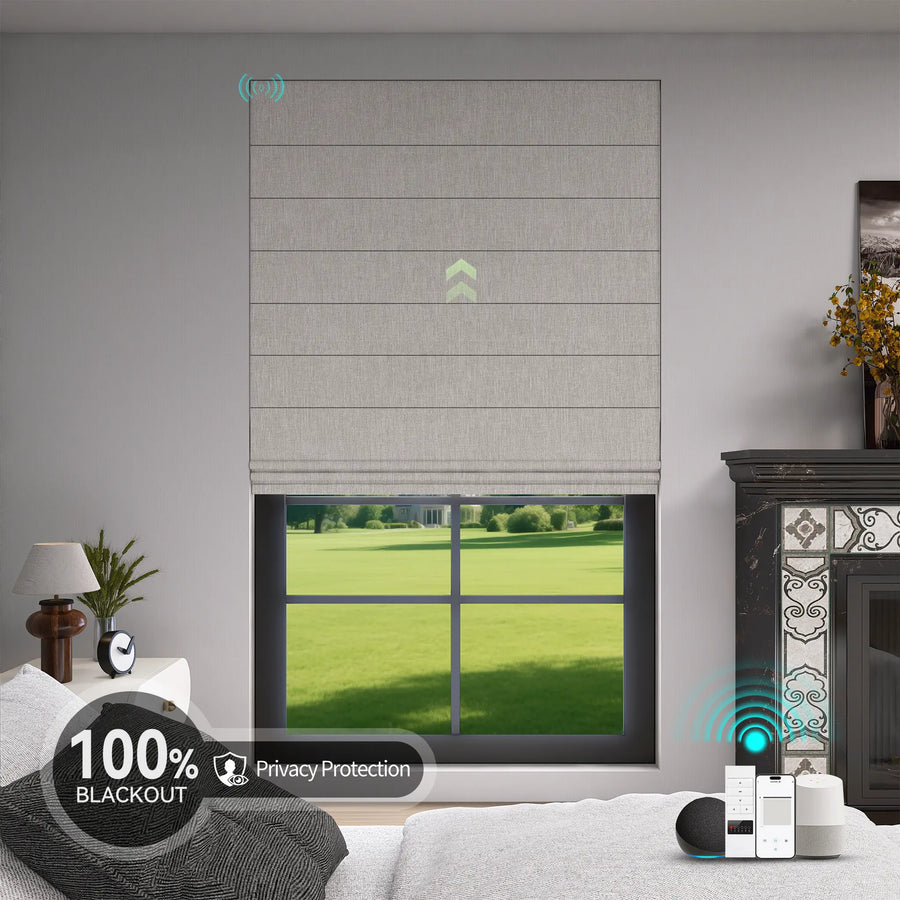 Motorized Roman shades in a warm living room