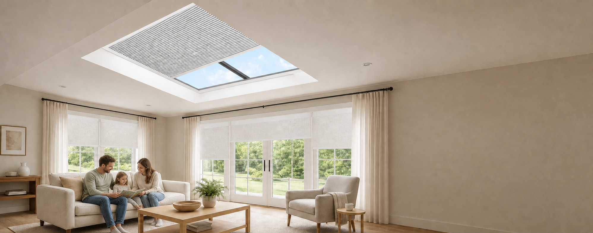 A bright family living room with motorized shades and a skylight shade