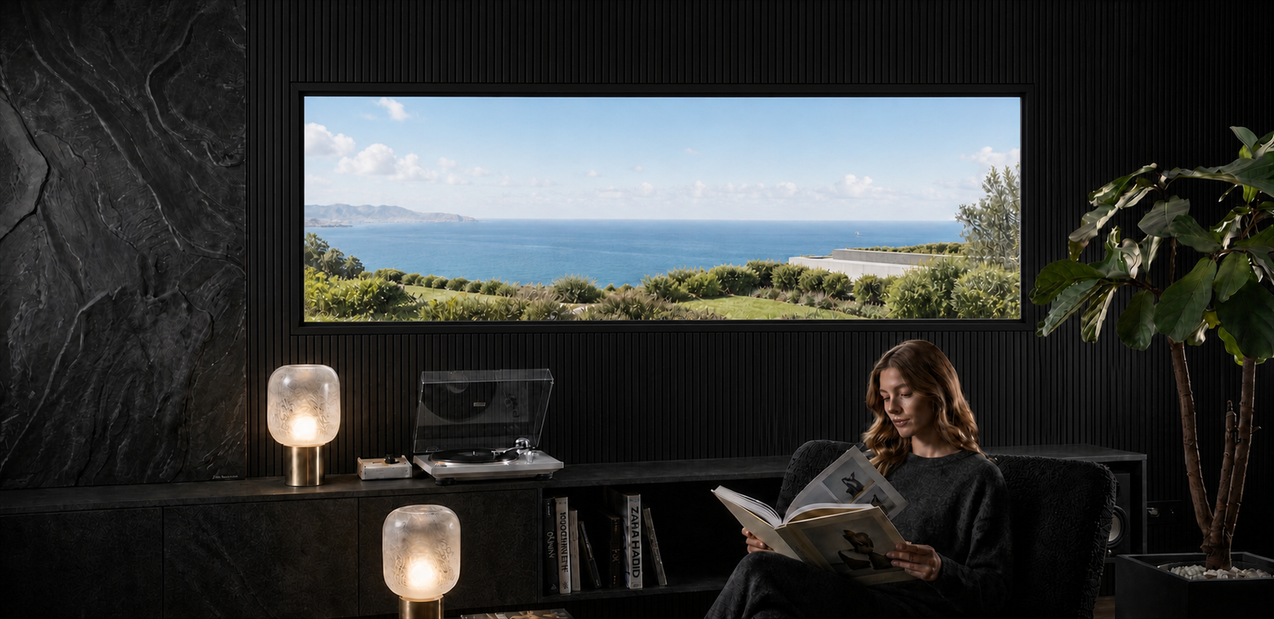 A bright room with an open coastal view