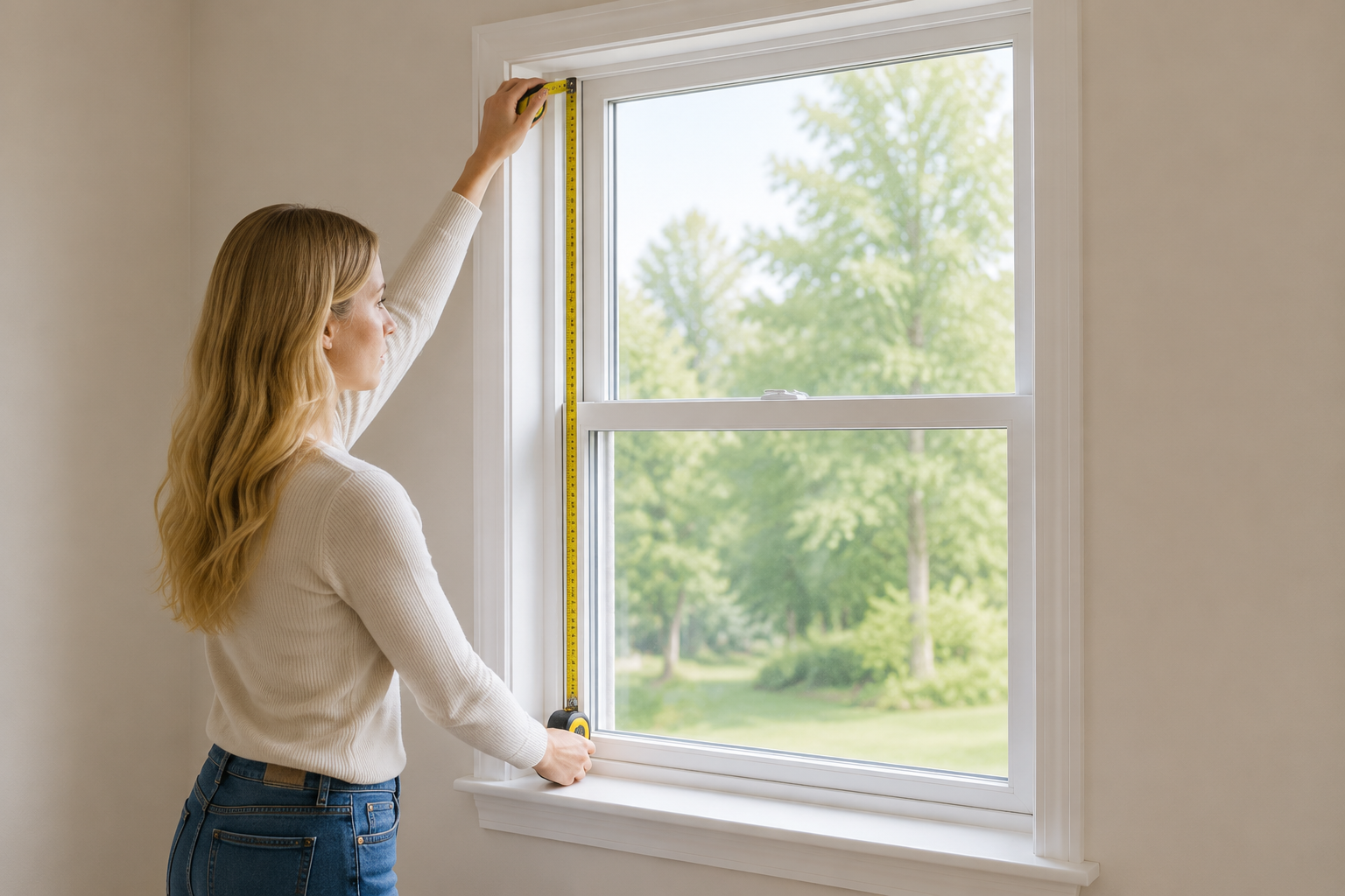Homeowner measuring a window opening for custom shades