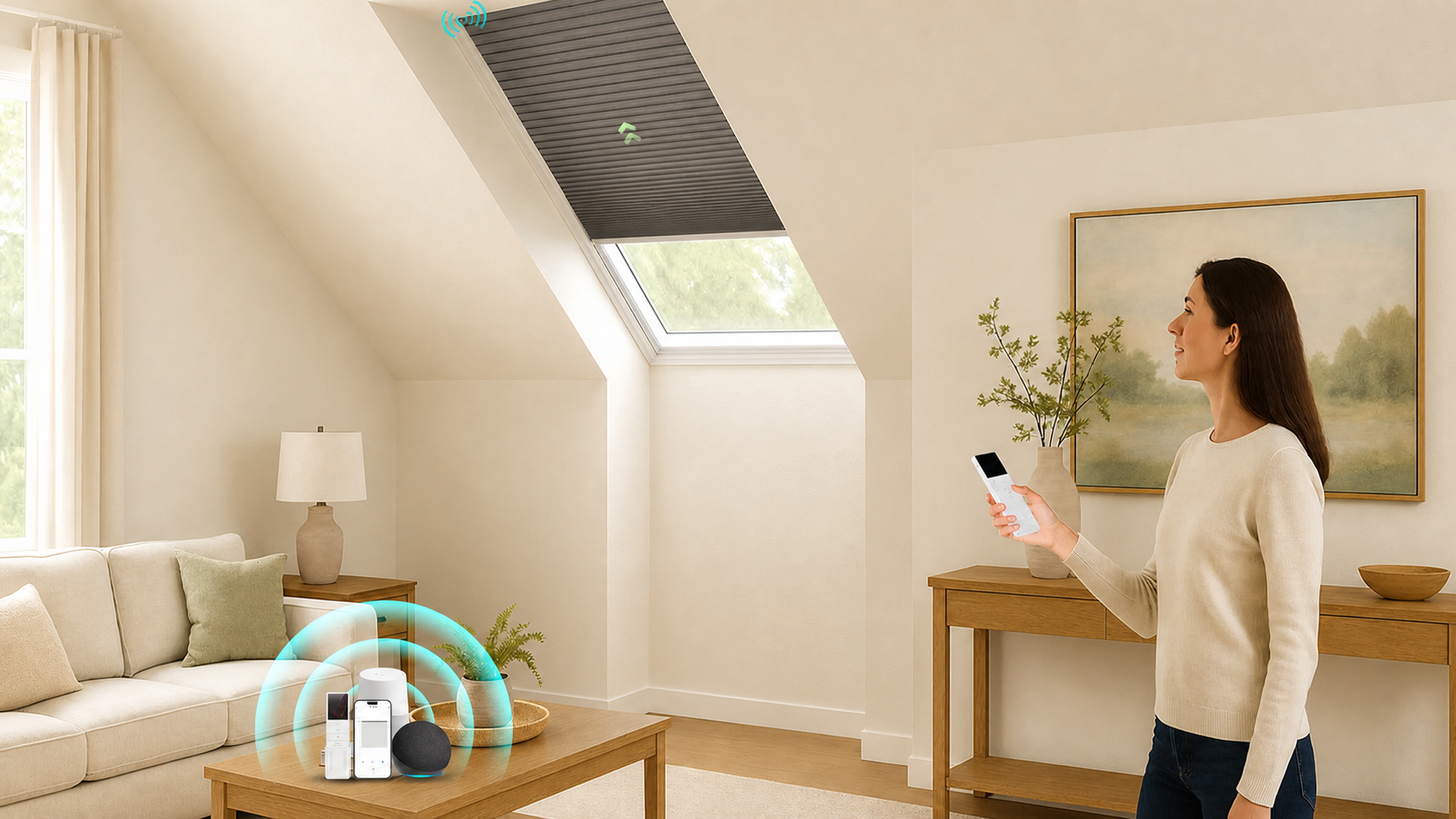 Homeowner using a remote to control a motorized skylight shade